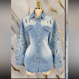 Light Blue Embroidered Denim Button-Front Blouse